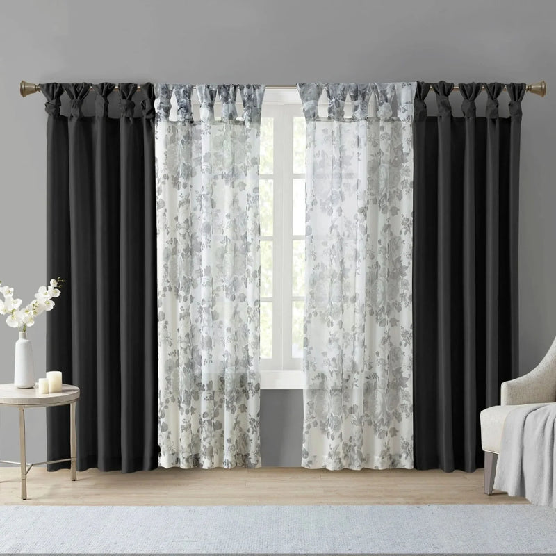 Window Curtain Twist Tab Polyester Lined Black 50x120 Inches Panel