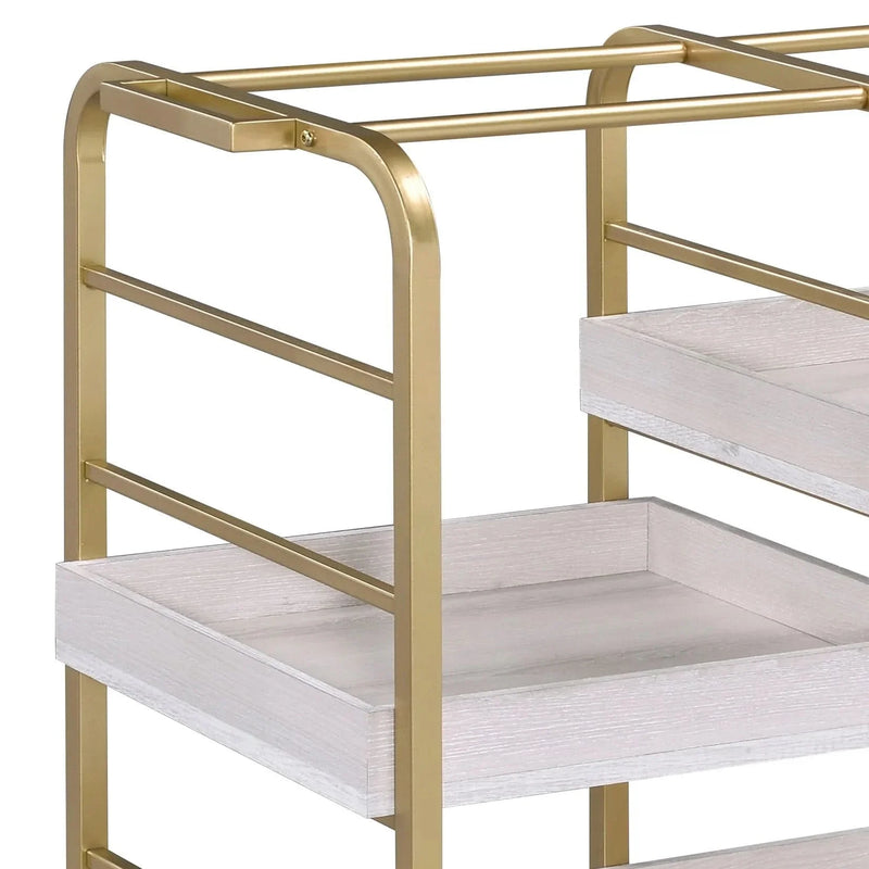 Serving Cart Gold & White Washed Finish Metal & Synthetic Wood With Wheels