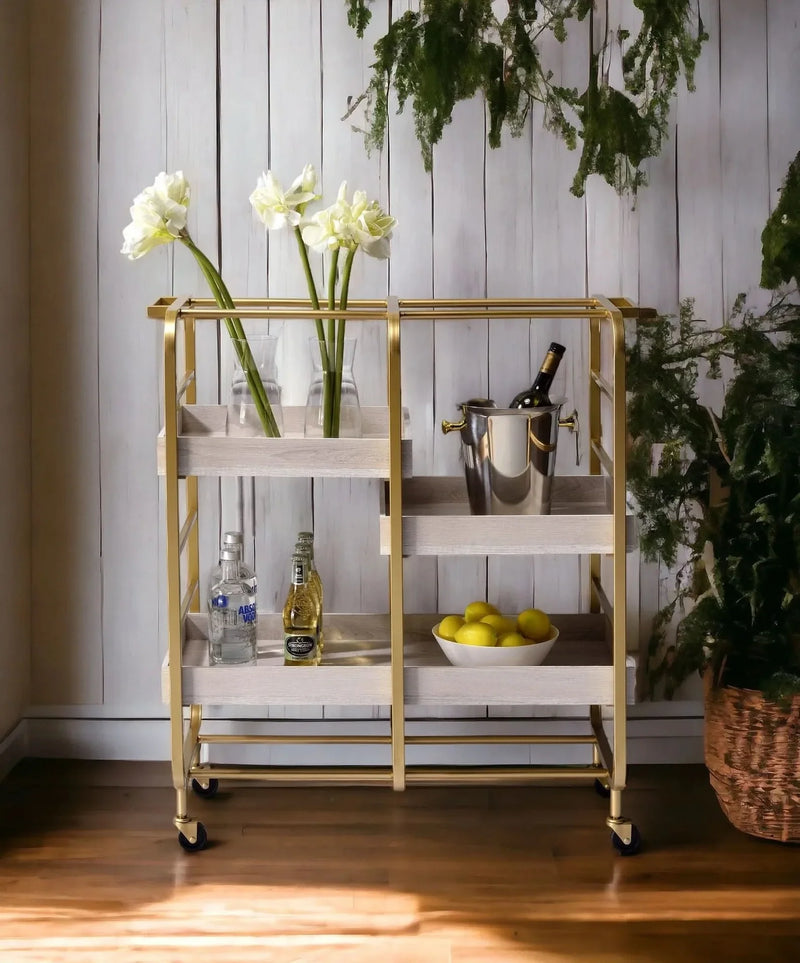 Serving Cart Gold & White Washed Finish Metal & Synthetic Wood With Wheels