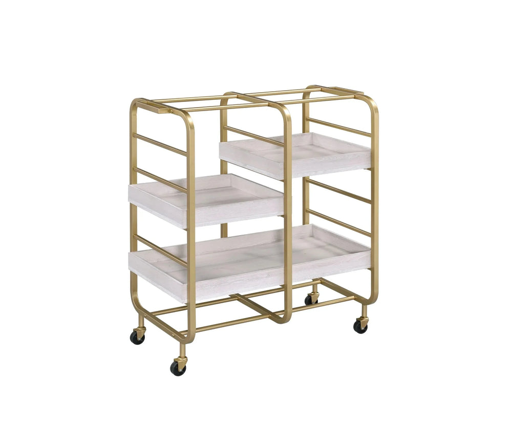 Serving Cart Gold & White Washed Finish Metal & Synthetic Wood With Wheels Media 4
