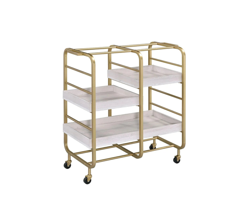 Serving Cart Gold & White Washed Finish Metal & Synthetic Wood With Wheels