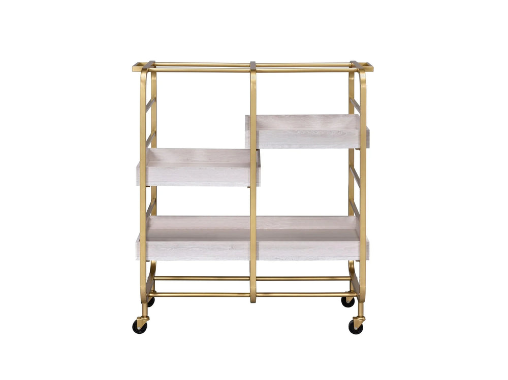 Serving Cart Gold & White Washed Finish Metal & Synthetic Wood With Wheels Media 5