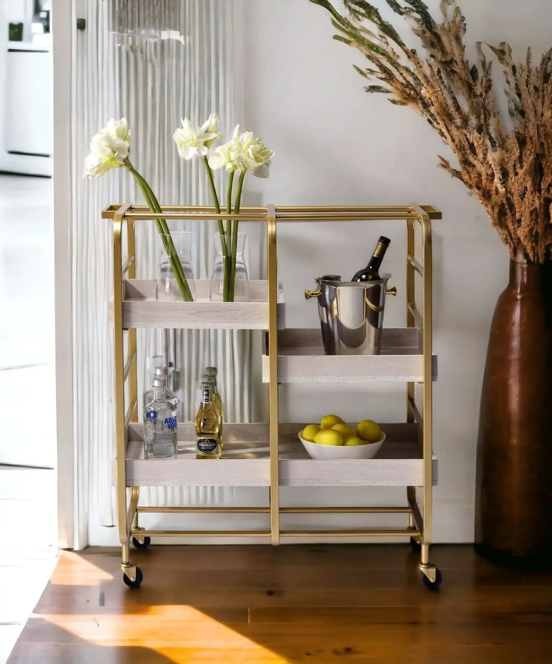 Serving Cart Gold & White Washed Finish Metal & Synthetic Wood With Wheels