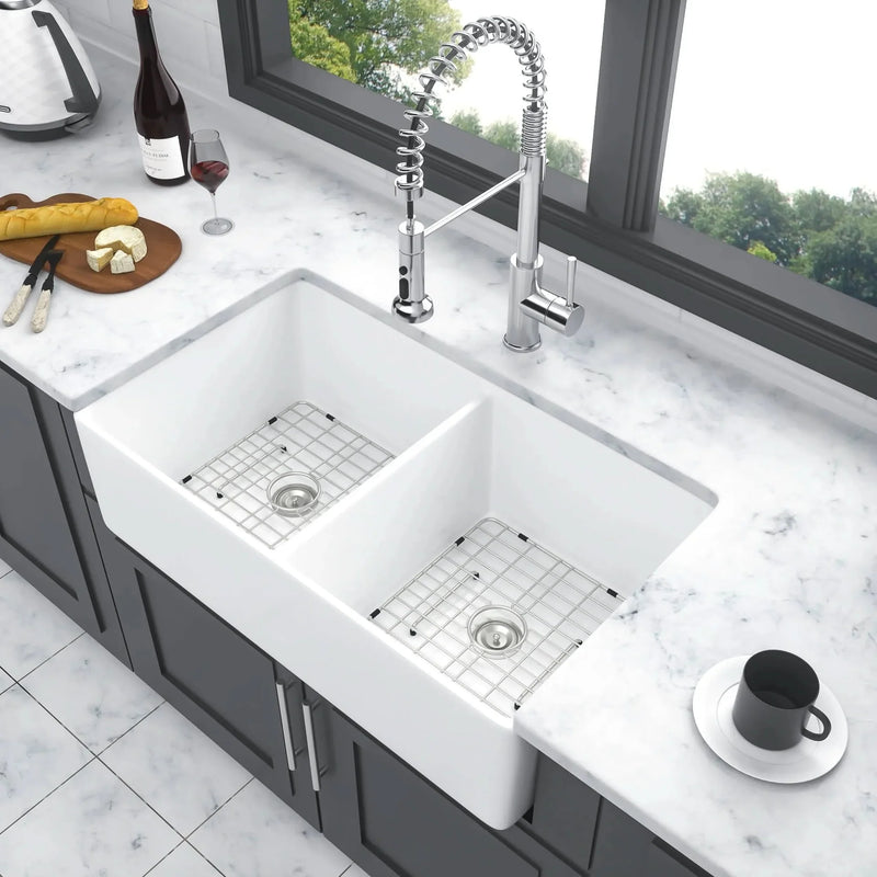 Farmhouse Sink Ceramic White Double Bowl Apron Front Kitchen 32 Inch