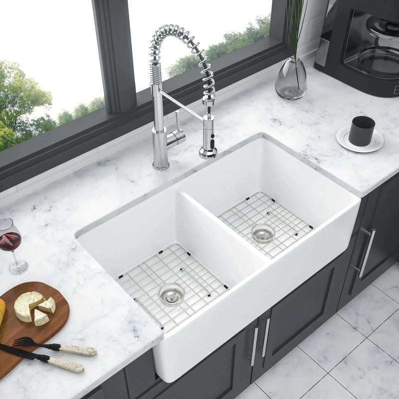 Farmhouse Sink Ceramic White Double Bowl Apron Front Kitchen 32 Inch