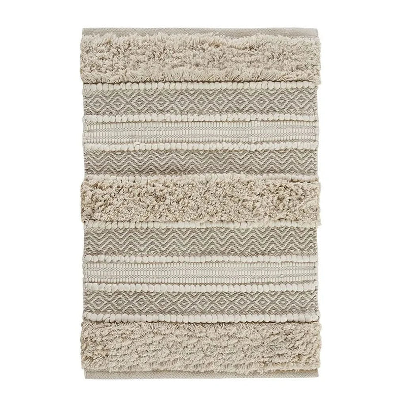 Boho Bath Rug Handwoven Polyester Textured Stripe Natural Color For Bathrooms