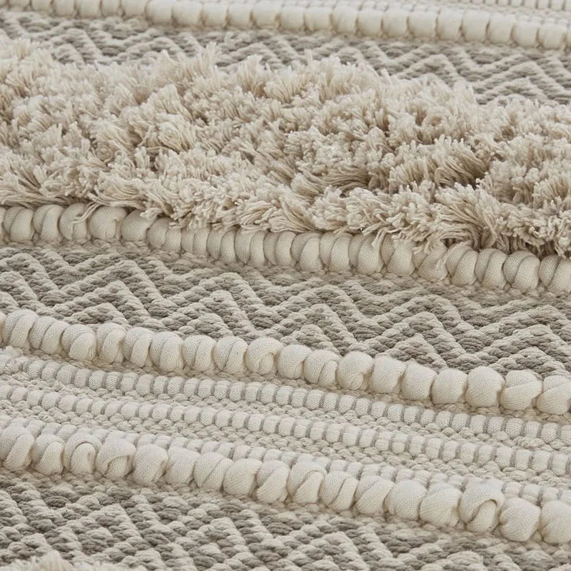 Boho Bath Rug Handwoven Polyester Textured Stripe Natural Color For Bathrooms