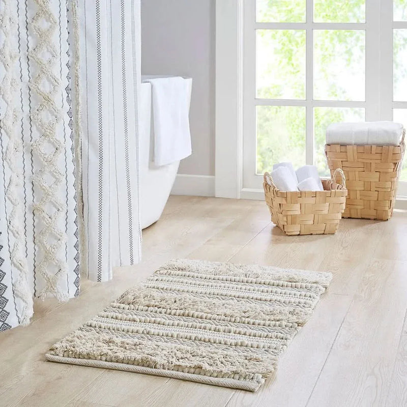 Boho Bath Rug Handwoven Polyester Textured Stripe Natural Color For Bathrooms