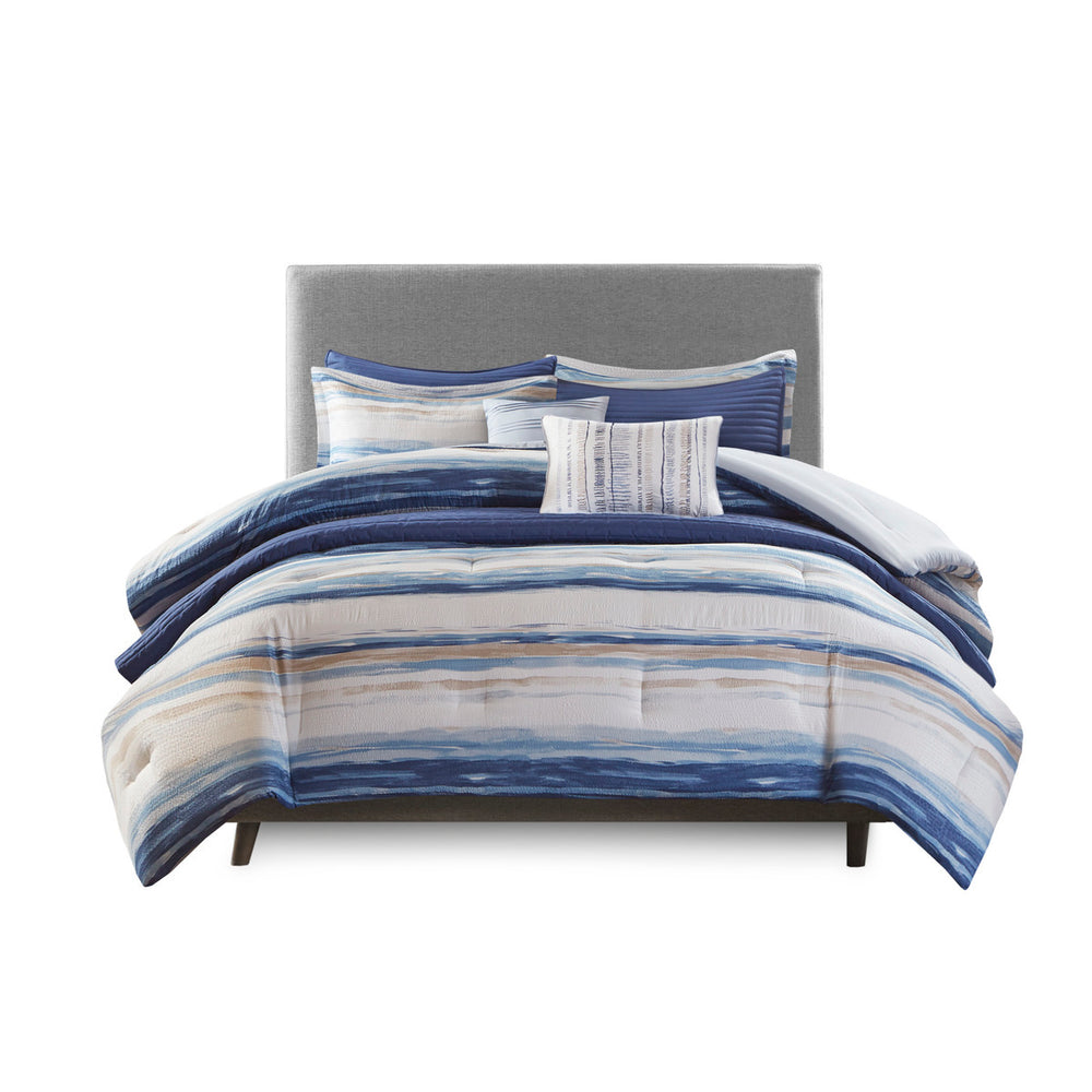 8 Piece Printed Seersucker Comforter and Quilt Set Collection Blue Full/Queen Media 2