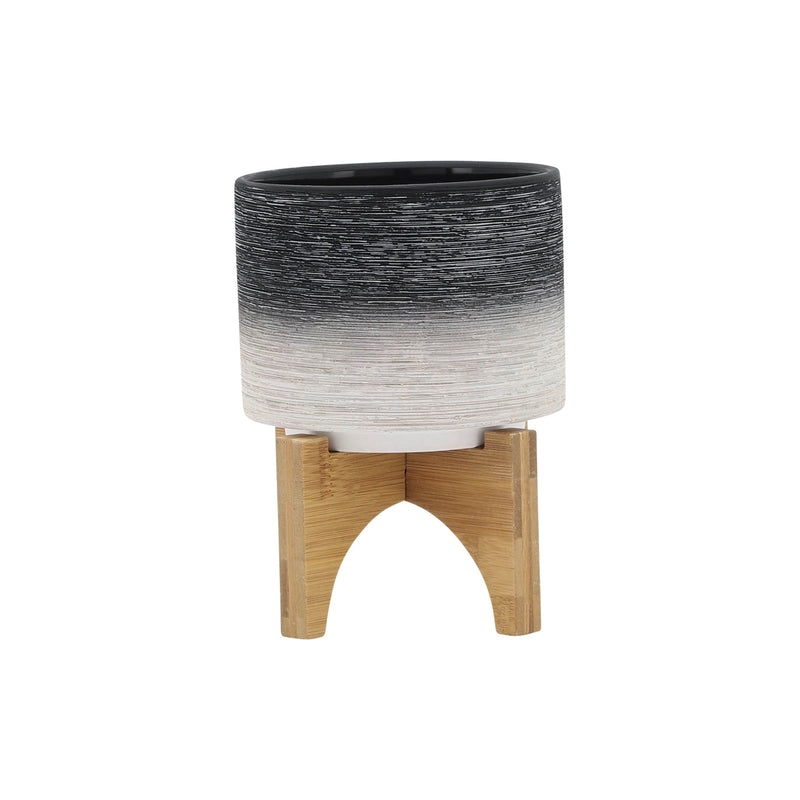 CERAMIC 5' PLANTER ON WOODEN STAND, GRAY