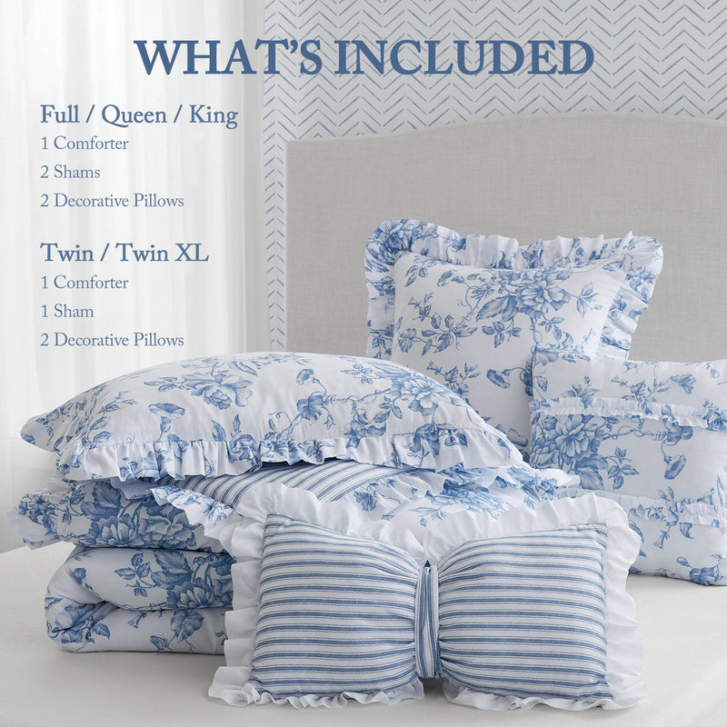 5 Pieces Full/Queen Comforter Set with Decorative Pillows,Blue