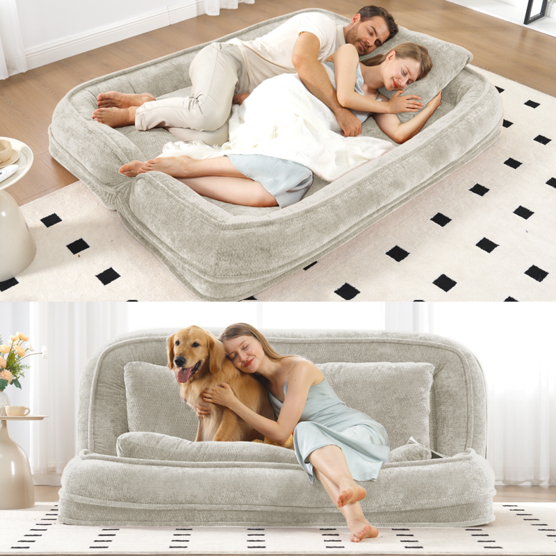 Pet Sofa Bed Chenille 2-In-1 Lounge Couch With 5 Adjustable Positions For People & Pets Beige