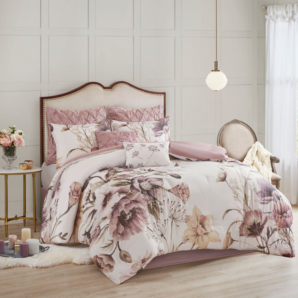 8 Piece Cotton Printed Comforter Set Blush Cal King Media 1