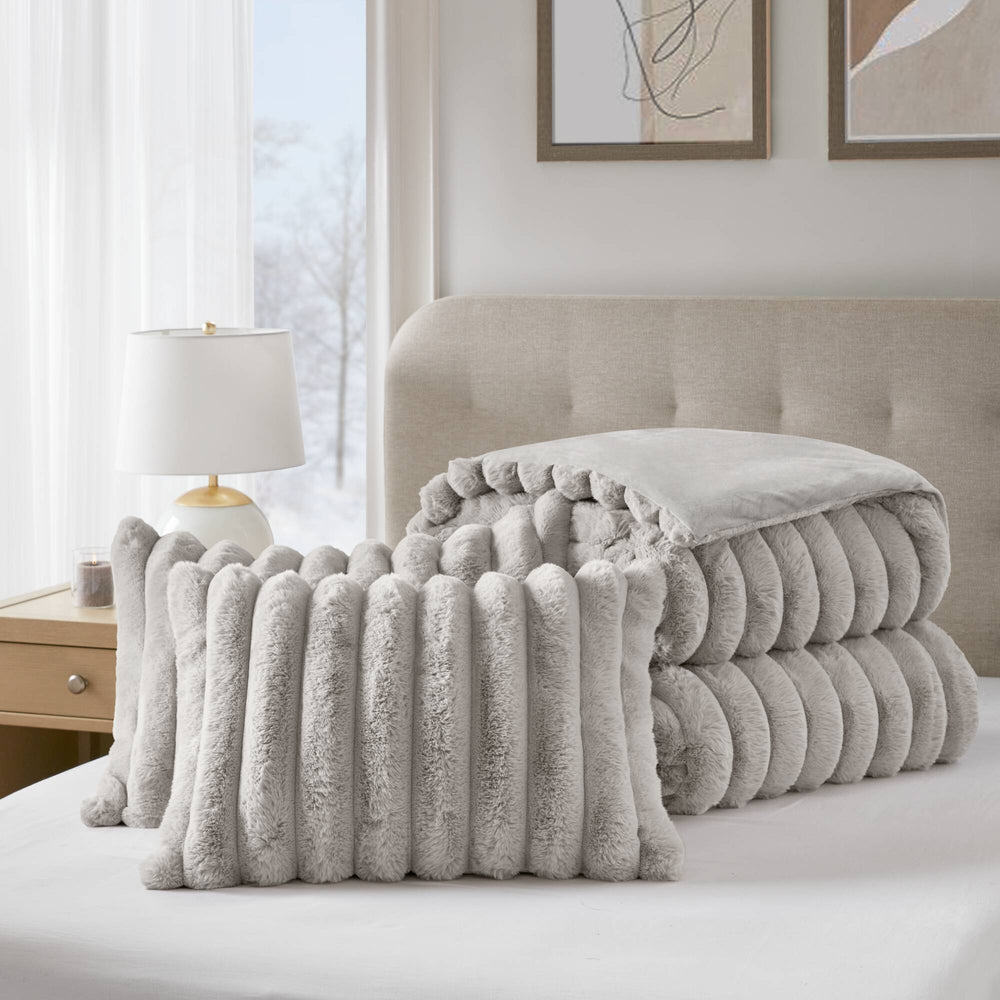 3 Pieces Full/Queen  soft Faux Fur Ribbed Comforter Set,Light Gray Media 14