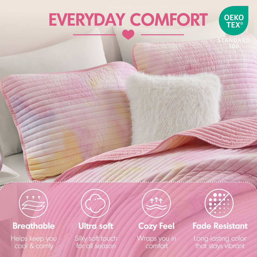 4 Pieces Full/Queen Watercolor Tie Dye Printed Quilt Set with Throw Pillow,Pink Media 4