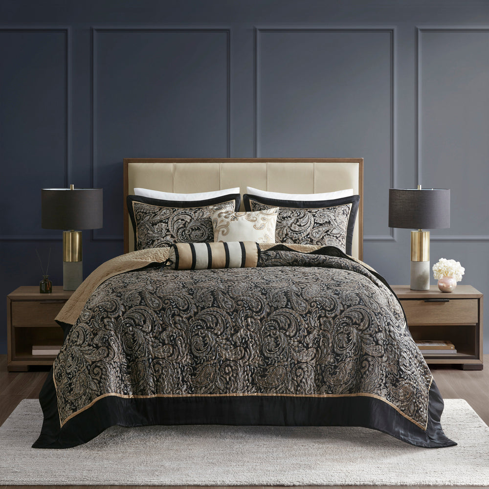 5 Piece Jacquard Bedspread Set with Throw Pillows Black Queen Media 5