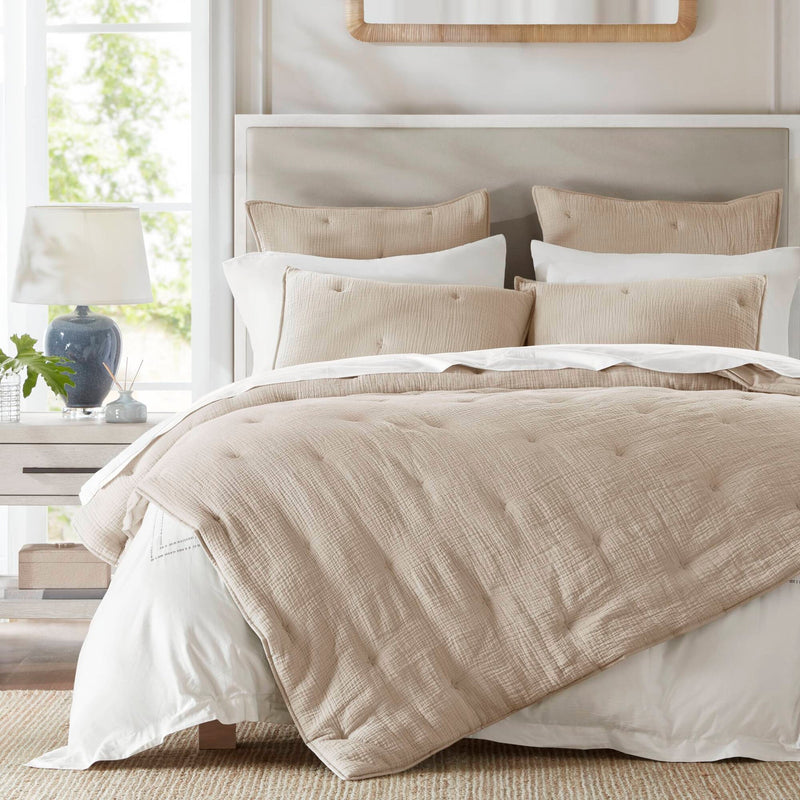 3-Piece Full/Queen Cotton  Embroidered Quilt Set,Taupe