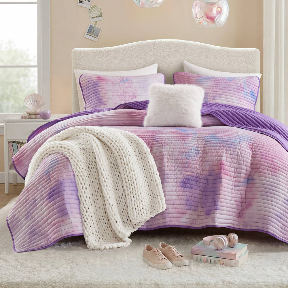 4 Pieces Full/Queen Watercolor Tie Dye Printed Quilt Set with Throw Pillow,Purple Media 7