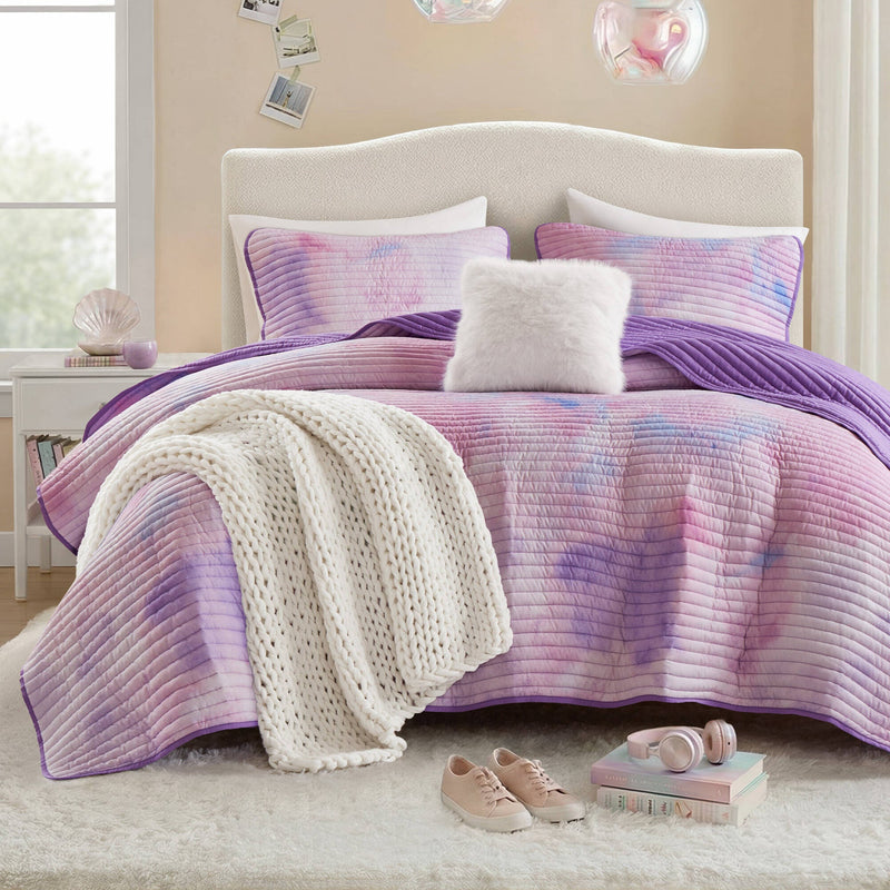 4 Pieces Full/Queen Watercolor Tie Dye Printed Quilt Set with Throw Pillow,Purple