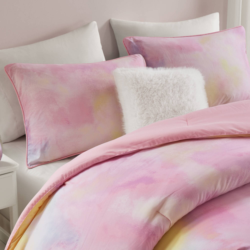 4 Pieces King/Cal King Watercolor Tie Dye Printed Comforter Set with Throw Pillow,Pink Media 13