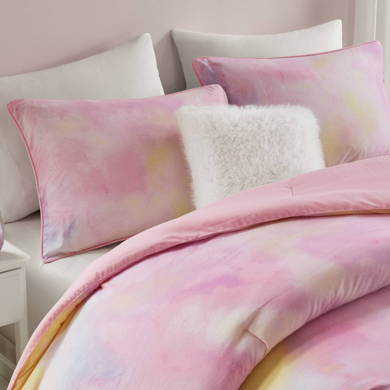 4 Pieces Full/Queen Watercolor Tie Dye Printed Comforter Set with Throw Pillow,Pink