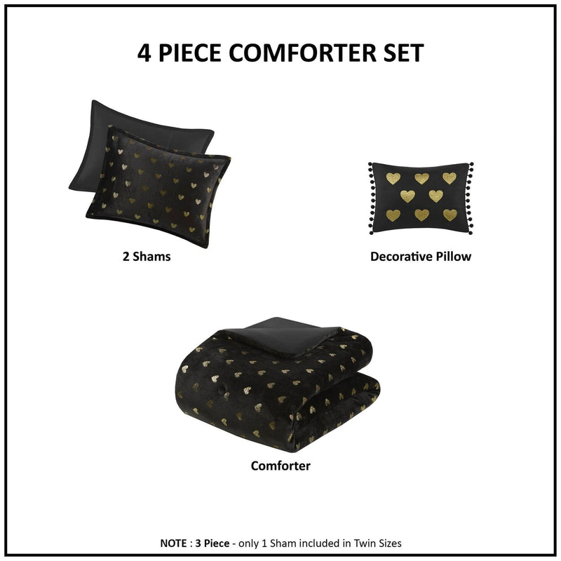Plush Comforter Set & Black Gold Heart Print Full Queen Bedding 4 Piece with Throw Pillow
