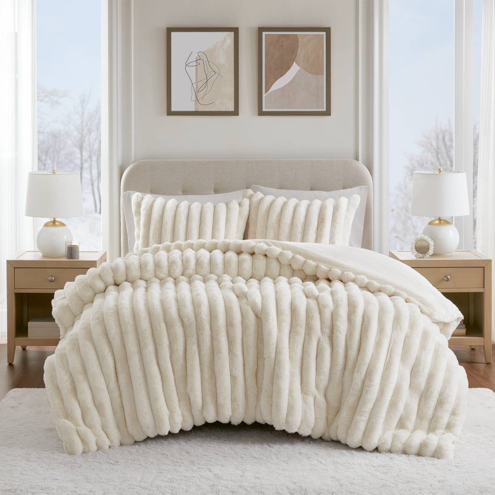 3-Piece Full/Queen  soft Faux Fur Ribbed Comforter Set,Ivory Media 1