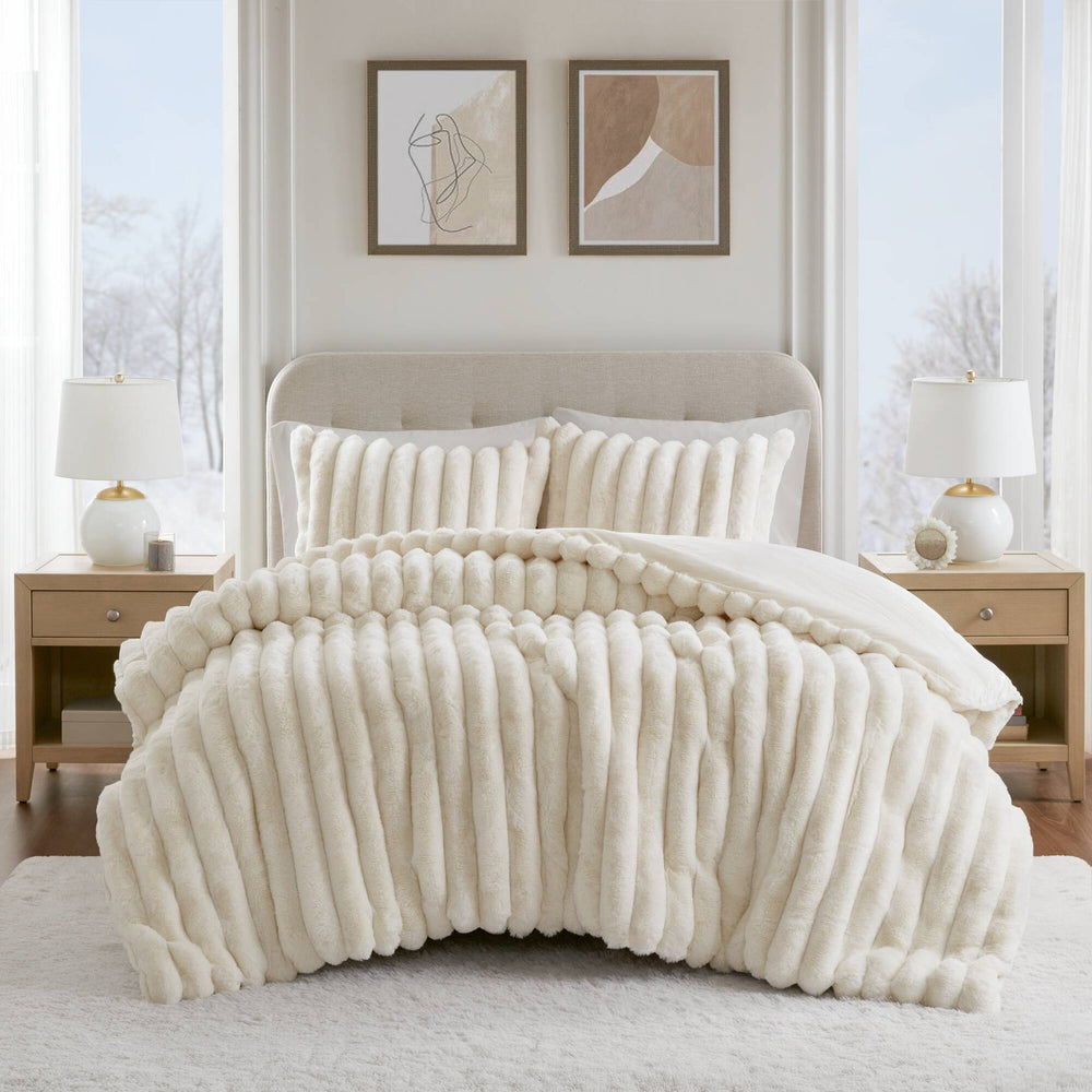 3-Piece Full/Queen  soft Faux Fur Ribbed Comforter Set,Ivory Media 1