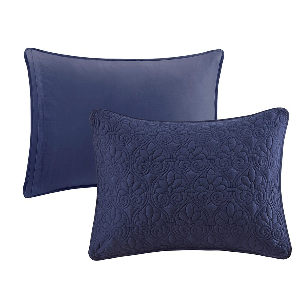 3 Piece Split Corner Pleated Quilted Bedspread Navy King Media 13