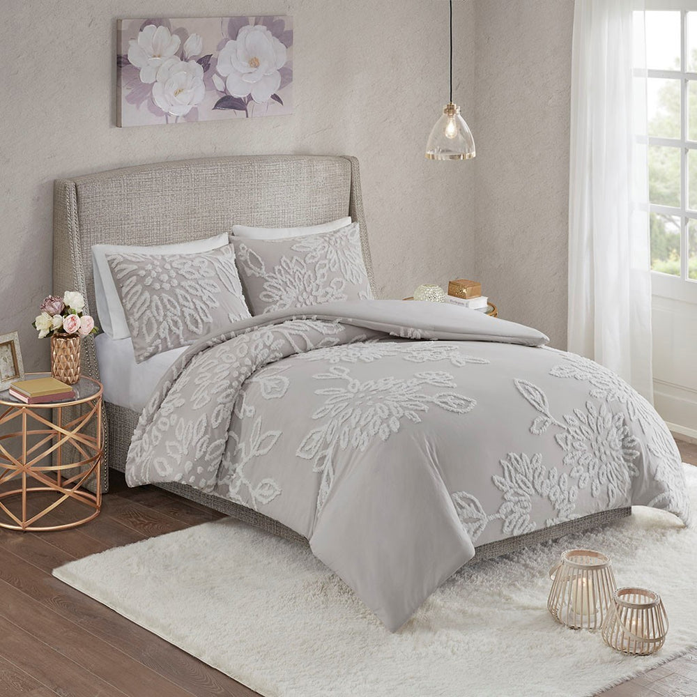 Full/Queen 3 Piece Tufted Cotton Chenille Floral Duvet Cover Set Media 8