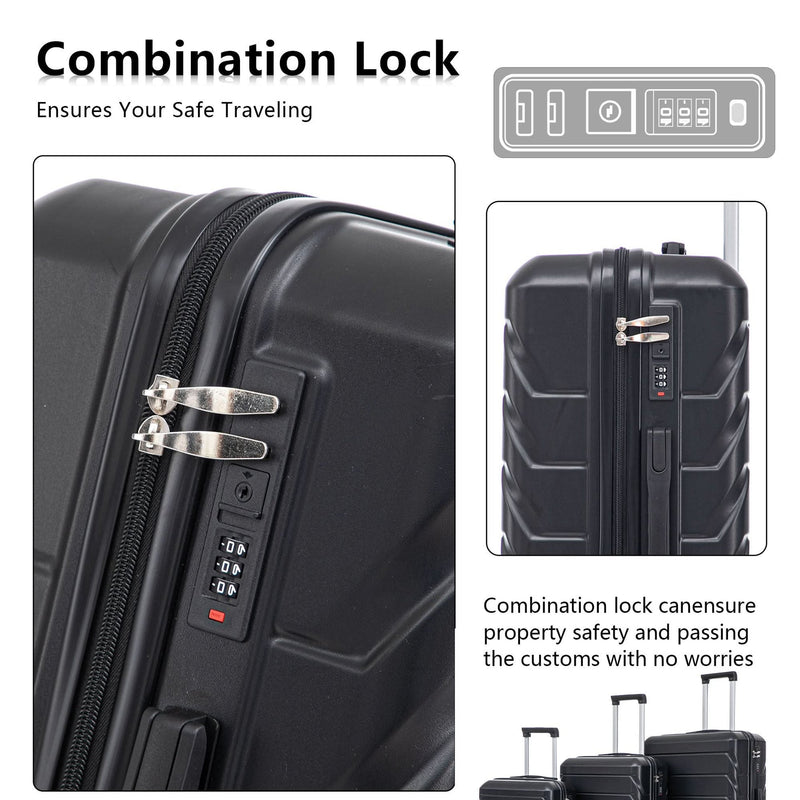 ABS Luggage Set 20 24 28 Inch Spinner Wheels Black Durable 3-Piece & Combination Lock