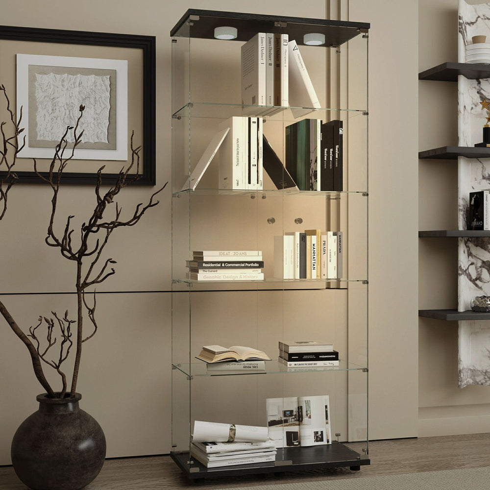 Glass Display Cabinet Tempered Glass Contemporary Living Room Black Media 1