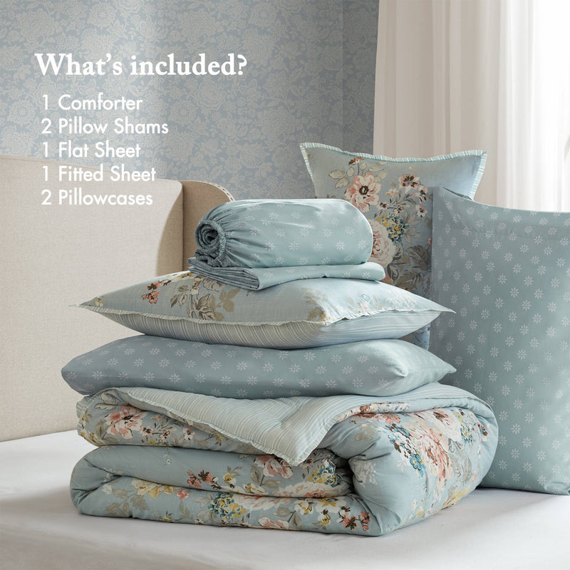 7-Piece Full 7 Piece Vin -inspired Collection floral print,Soft Blue