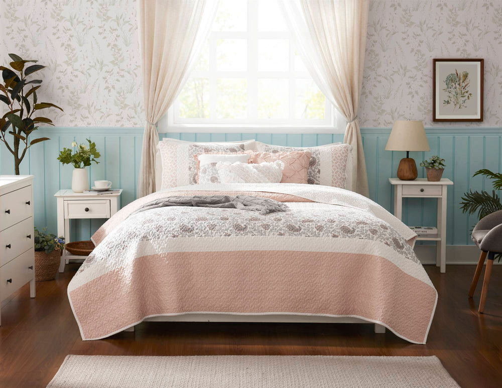 6 Piece Cotton Percale Quilt Set with Throw Pillows Blush Full/Queen Media 14