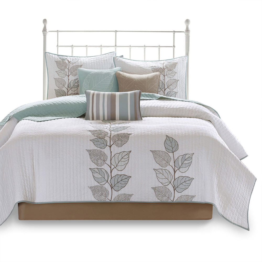 6 Piece Embroidered Quilt Set with Throw Pillows Blue Full/Queen Media 6
