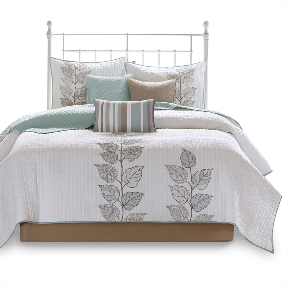 6 Piece Embroidered Quilt Set with Throw Pillows Blue Full/Queen Media 6