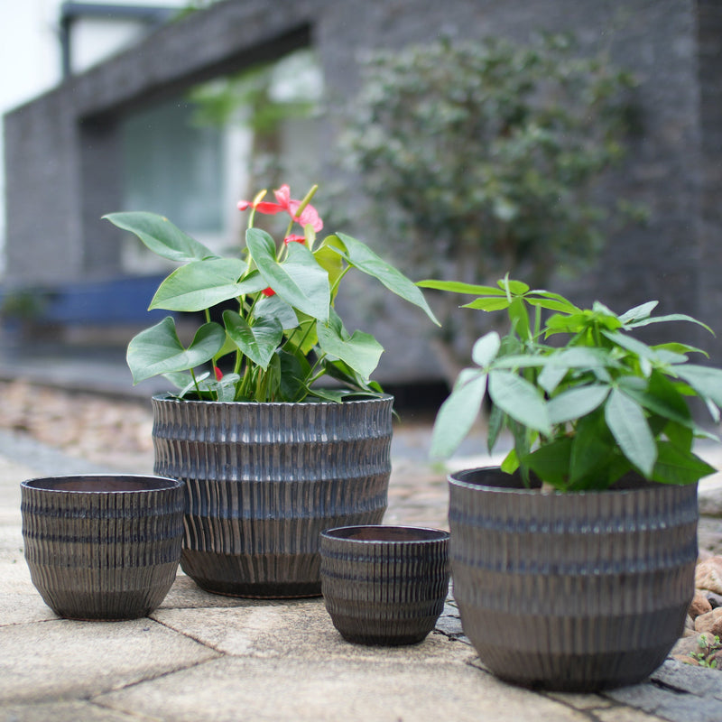 Handmade Matte Metallic Charcoal Gradient Glaze Ceramic Planter Set of 4, 7/9/12/14 Inch, Horizontal Grooves, Indoor & Outdoor Herb Succulent Pots, Breathable Clay with Drainage Holes