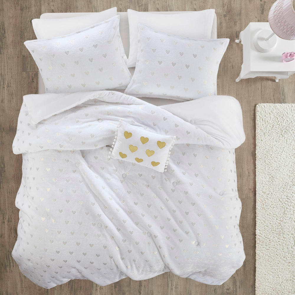4 PCS Full/Queen Metallic Printed Plush Comforter Set with Throw Pillow White/Gold Media 6
