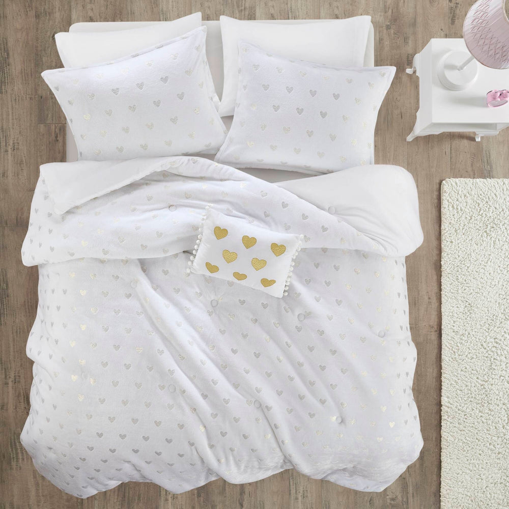3 PCS Twin/Twin XL Metallic Printed Plush Comforter Set with Throw Pillow White/Gold Media 7