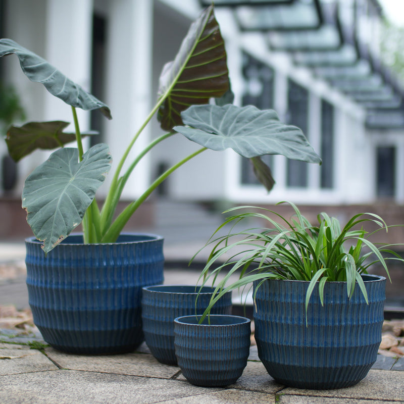 Handmade Denim Blue Glaze Ceramic Planter Set of 4, 7/9/12/14 Inch, Horizontal Grooves, Indoor & Outdoor Herb Succulent Pots, Breathable Clay with Drainage Holes