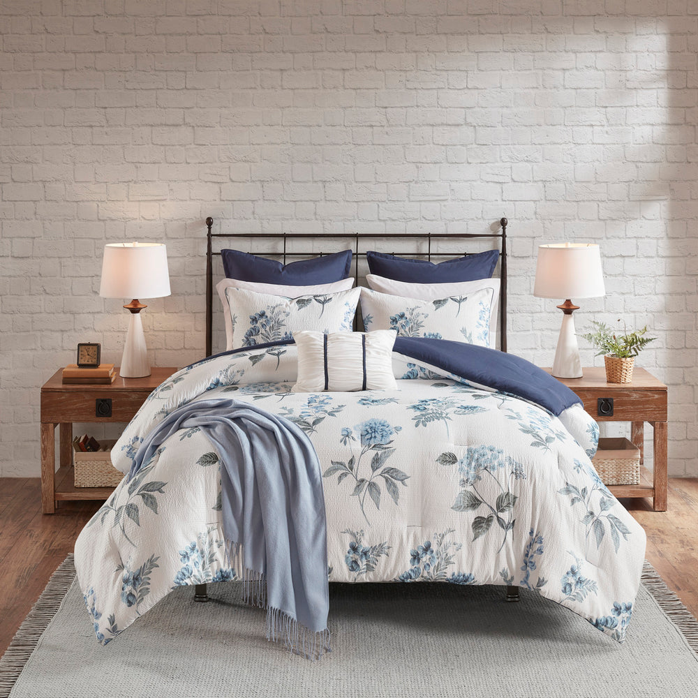 7 Piece Printed Seersucker Comforter Set with Throw Blanket Blue Full/Queen Media 5
