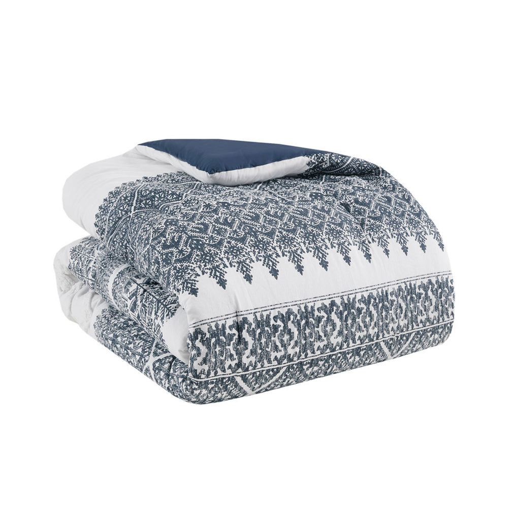 3 Piece Cotton Comforter Set with Chenille Tufting Navy Full/Queen Media 5