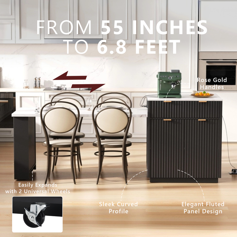 Kitchen Island Modern With Extendable Dining Table & Power Outlet For 4-6 People Black