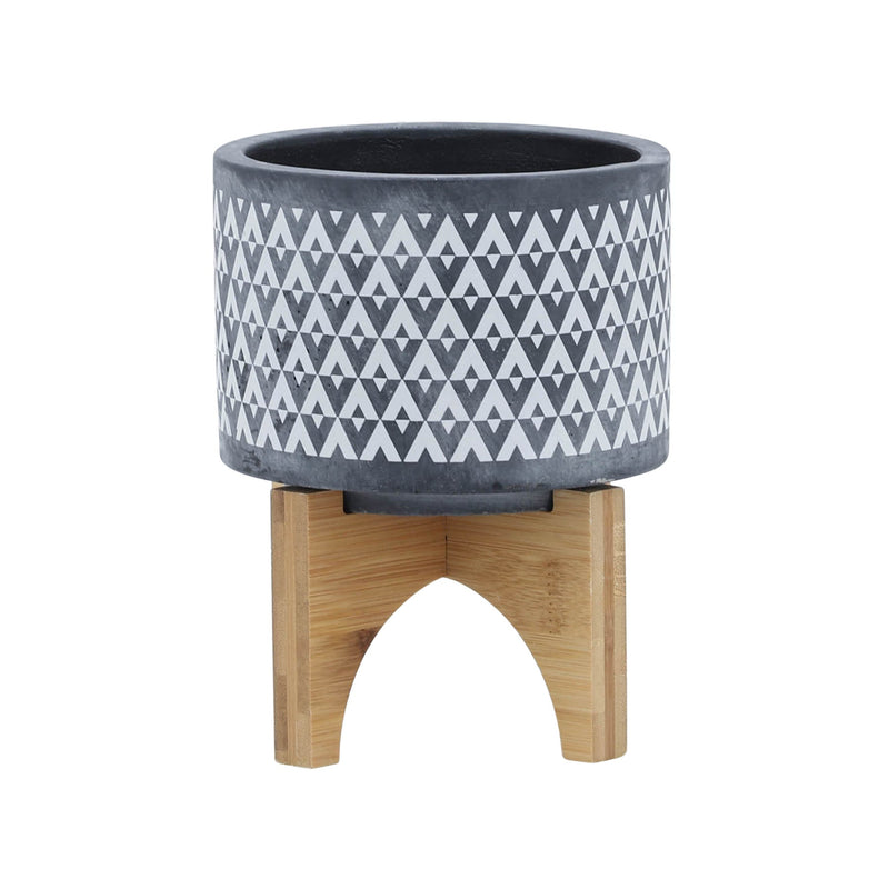 CERAMIC 5' AZTEC PLANTER ON WOODEN STAND, GRAY