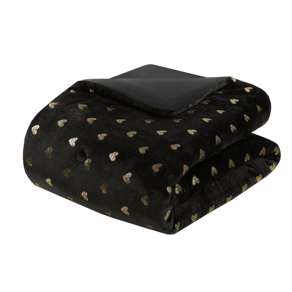 4 PCS Full/Queen Metallic Printed Plush Comforter Set with Throw Pillow Black/Gold Media 4