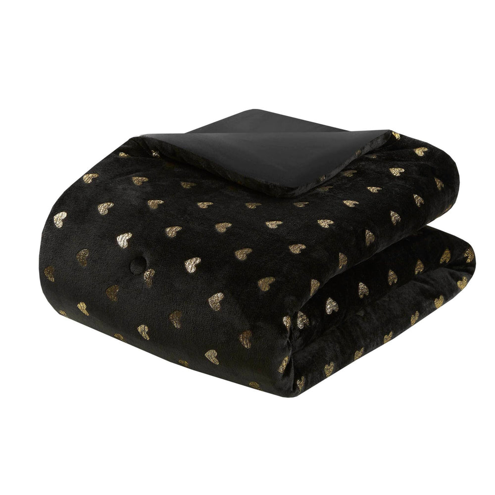 4 PCS Full/Queen Metallic Printed Plush Comforter Set with Throw Pillow Black/Gold Media 4