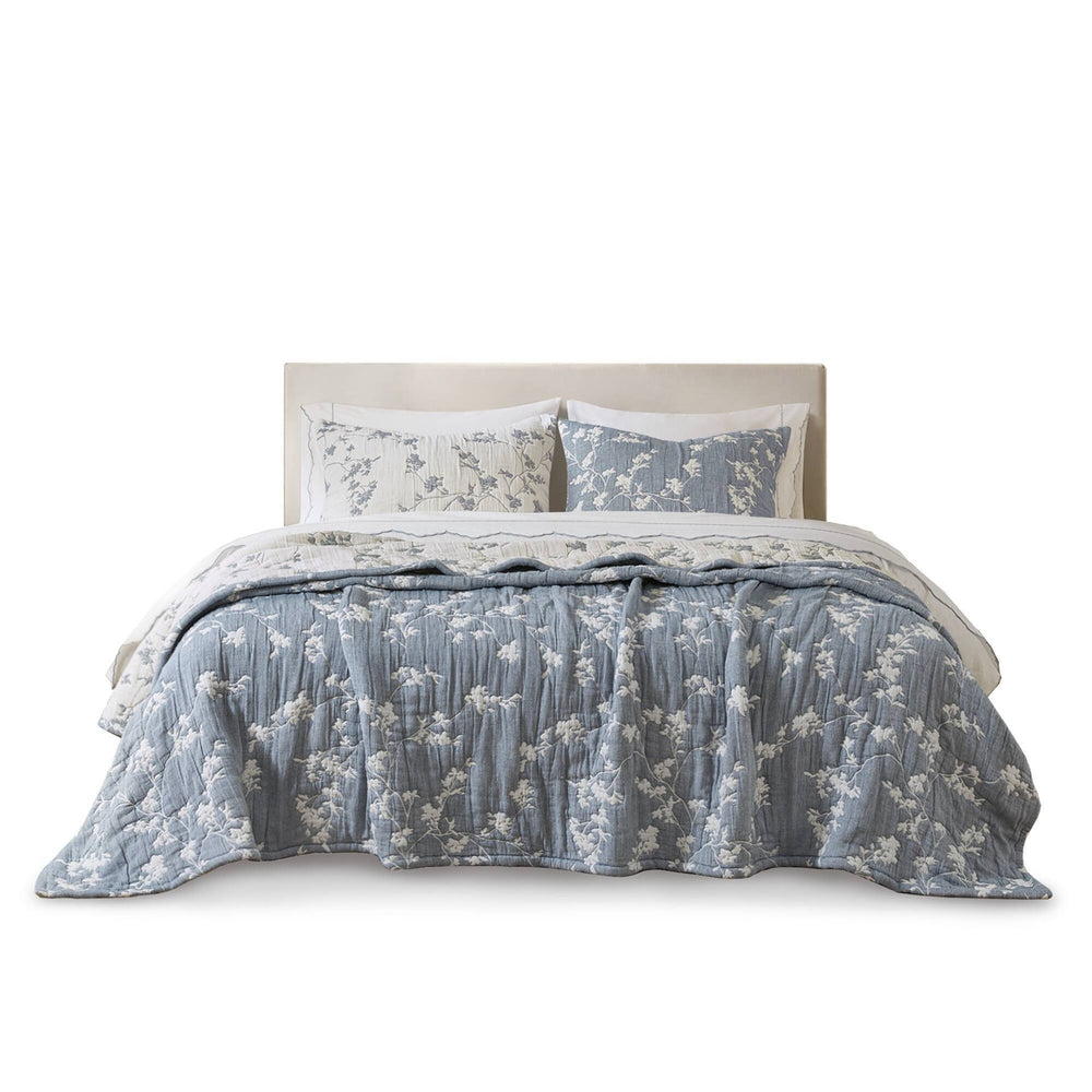3 Pieces King Jacquard Cotton Gauze Quilt Set,Blue Media 14