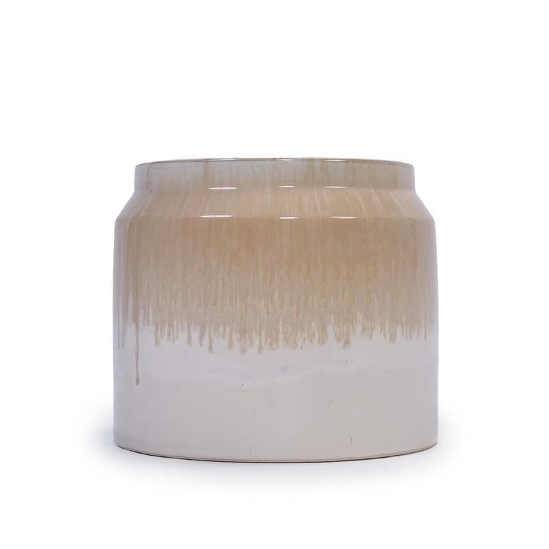Handmade Non-Porous Ceramic Planter Set of 2, 6' & 8' Diameter, Beige Drip Glaze, for Aquatic Plants Indoor/Outdoor Shelf & Desk Use, Breathable Clay