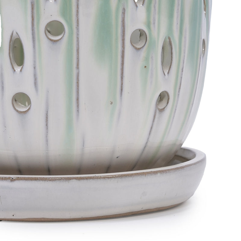 Set of 2 Ceramic Flowerpot with Drainage Hole, 8' Modern Planter for Patio, Garden, Windowsill - White Green