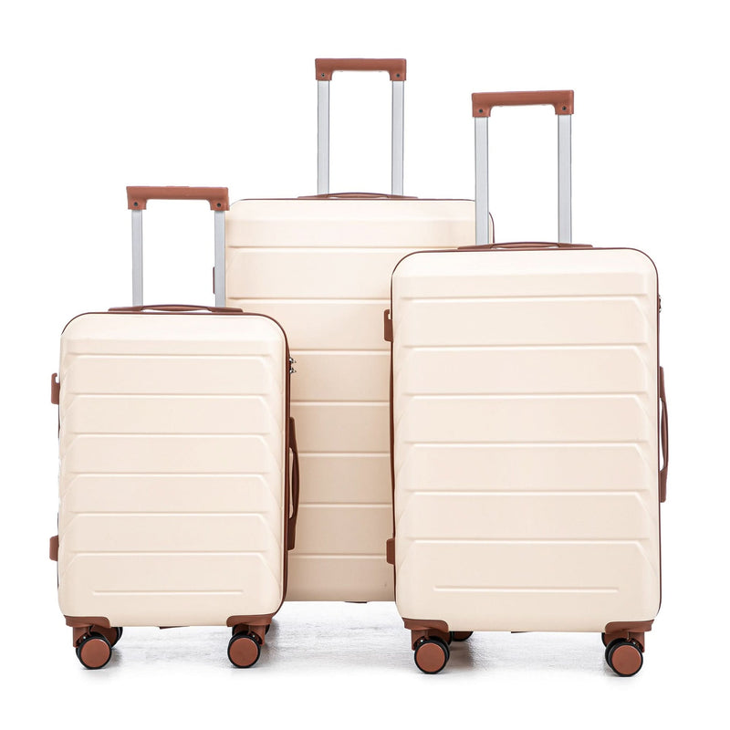 Abs Luggage Set 20 24 28 Inches 3 Piece Beige Durable Spinner Wheels & Combination Lock